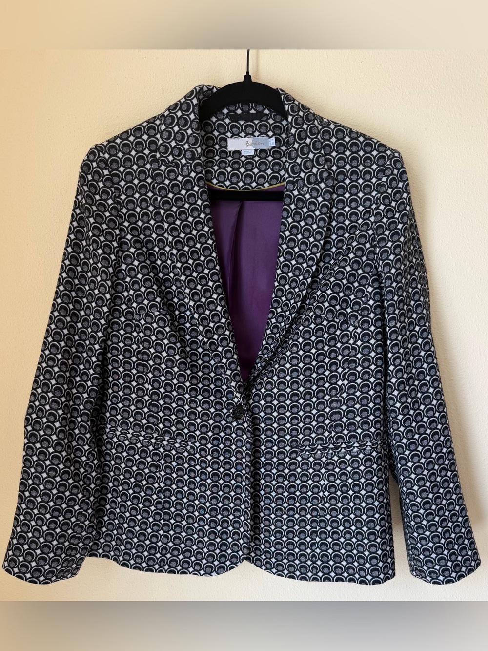 Boden Wool Blend Lined Black & White Printed Blazer Jacket.  Size 8 EUC
